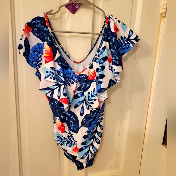 None Other - Tropical Ruffle Vneck One Piece Swimsuit